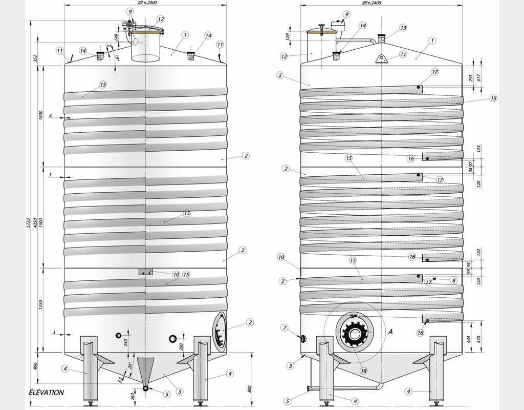 Cuve sur pieds avec circuit coquillé - INOX 316L Volume : 20 600 litres