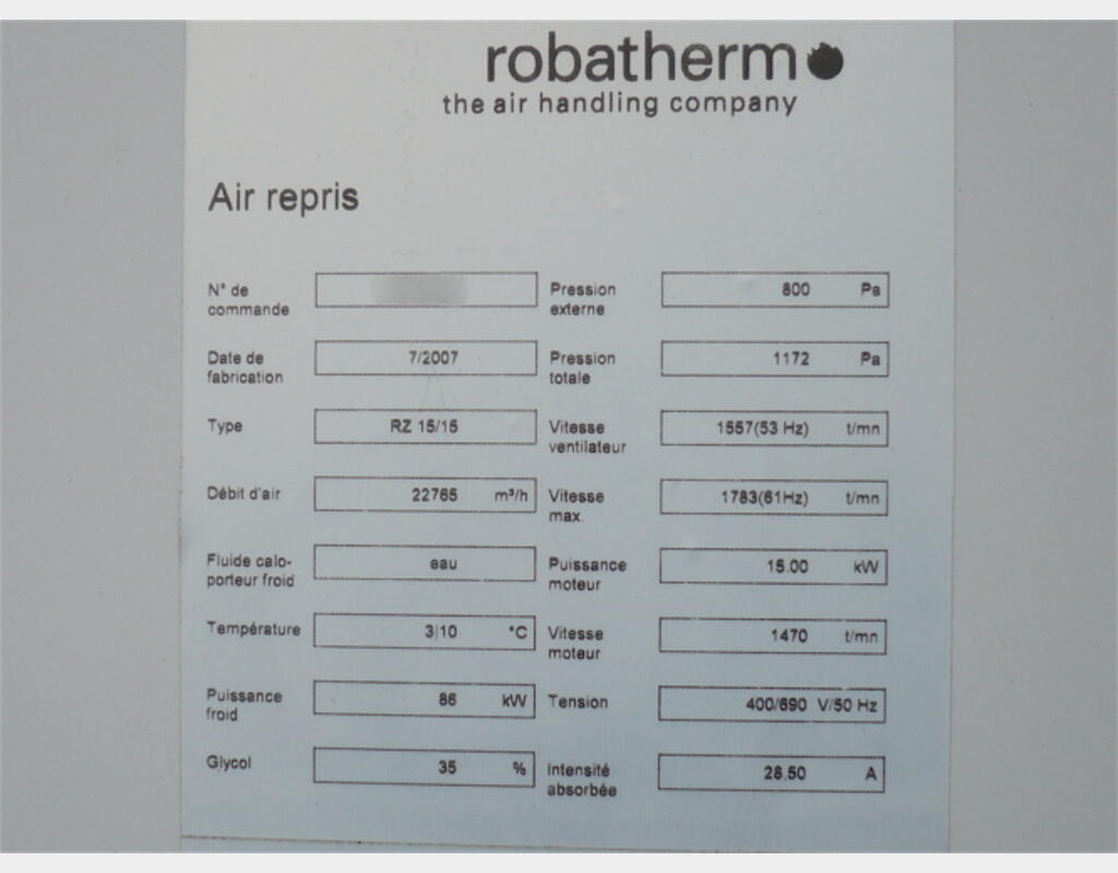 Centrale d'air ROBATHERM - Type : RZ 15/15
