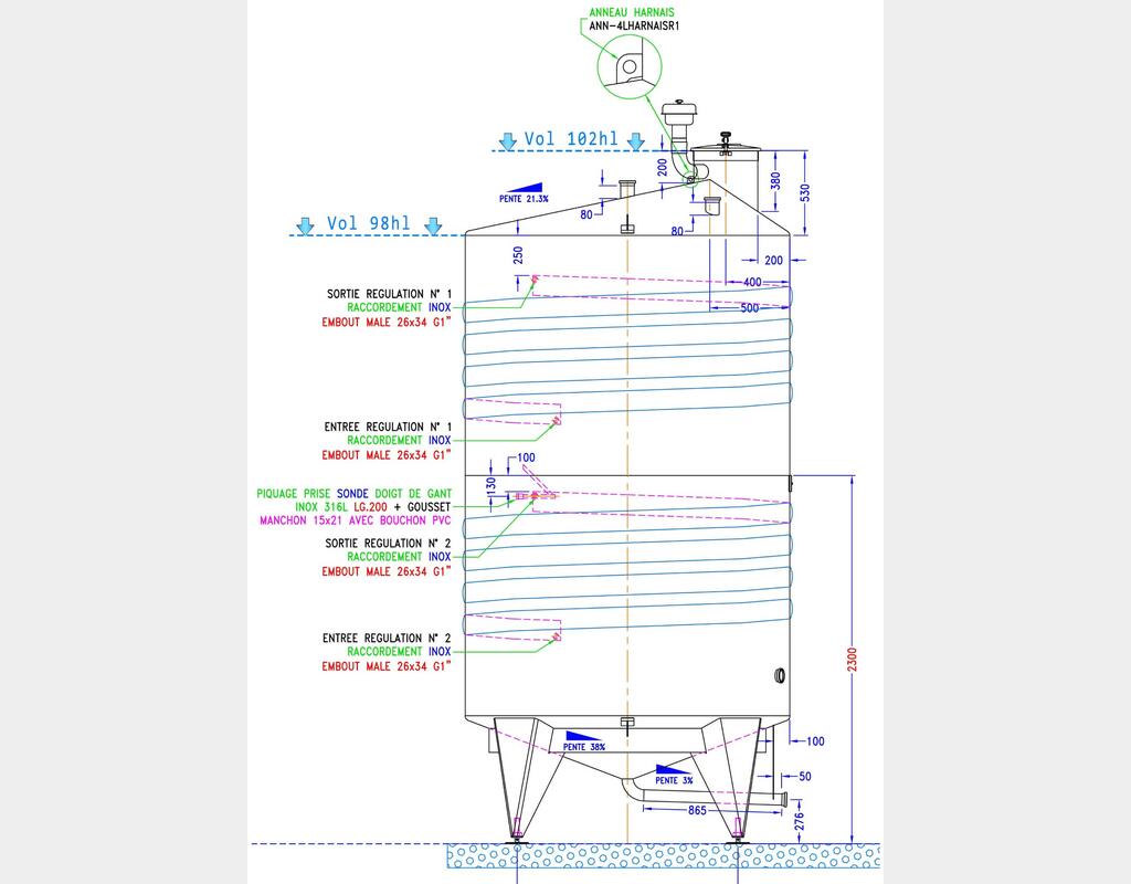 Cuve de stockage inox 316L - Volume : 101 hectos (10100 litres)