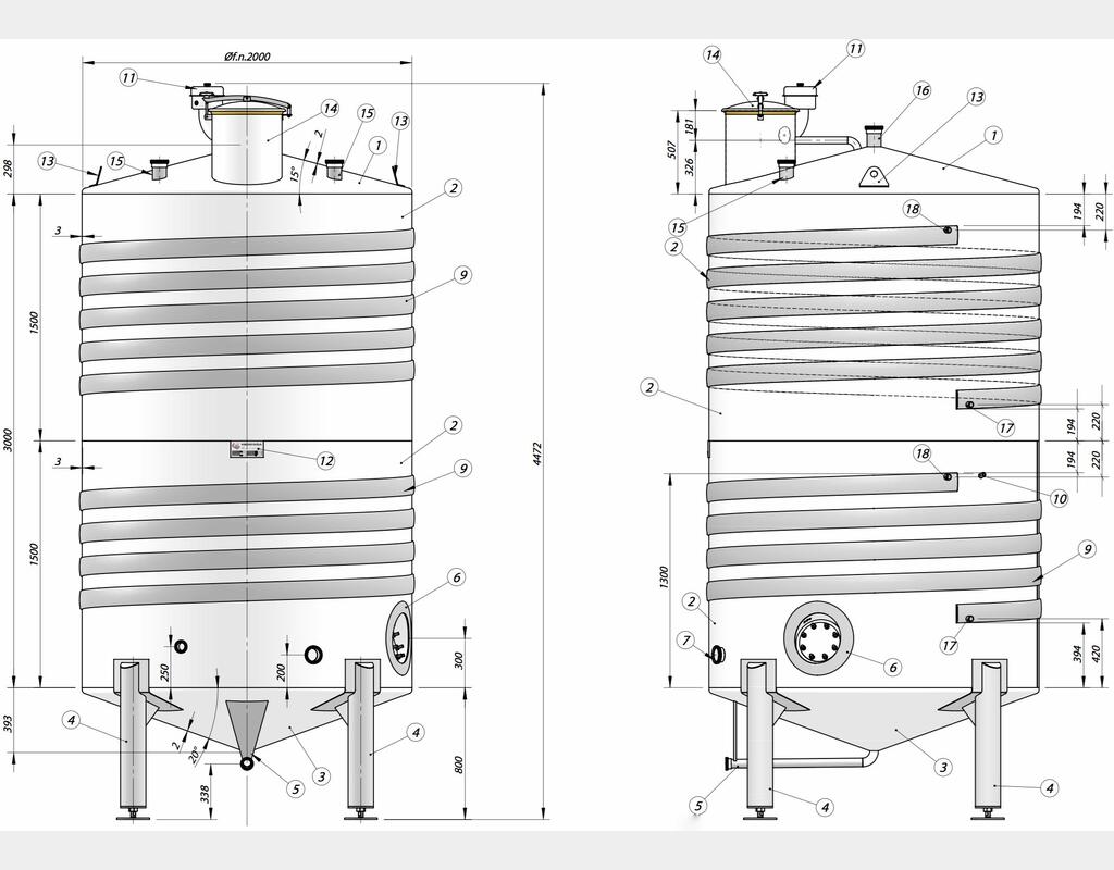 Cuve sur pieds avec circuit coquillé - Inox 316 L  Volume : 10 200 litres