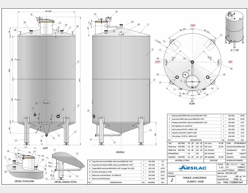 Cuve fermée sur pieds en INOX 304L - Volume : 10 200 litres